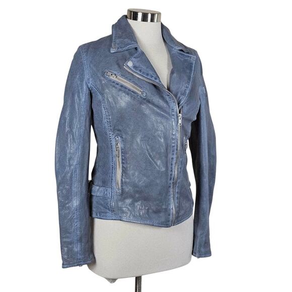 Mauritius Maysie Peace Distressed  Leather Jacket Blue Size M/8 - Picture 6 of 13